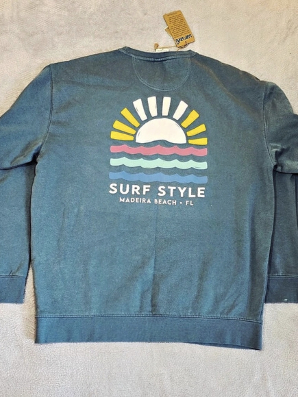 Teal Washed Coastal Crewneck Sweatshirt Sunset Wave Graphic Madeira Beach FL XL